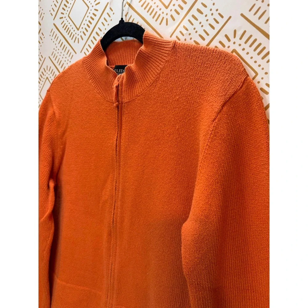 Eileen Fisher Sweater Womens L Orange Zip Up Mock Neck Casual Summer Layering‎